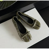 Daiiibabyyy  Ballet Style Vintage Pleated Split Toe Women Pumps Fashion Soft Leather Rivet Bowknot 5CM High Heels Casual Tabi Loafers Shoes