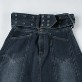 DAIIIBABYYY  -  Basic A-Line Denim Skirts With Belt Casual Slim Pockets High Waist Maxi Skirts Women 2025 Spring Autumn Streetwear Lady