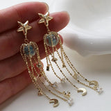 Daiiibabyyy  2PCS Dainty Star Moon Tassels Charms Earrings for Jewelry Making Findings DIY Hand Made Brass 14k Gold Plated 6.4*12mm