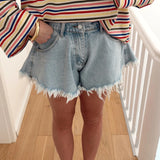 Daiiibabyyy  Summer Casual Street versatile Trousers Print Elegant Pocket Tassel Edges Women Pant Fashion Hight Waist Button Denim Short Pant