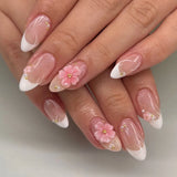 Daiiibabyyy  24Pcs French White Gradient Almond Press on Nails Flower Pattern False Nails with 3D Rhinestone Design Fake Nail Art