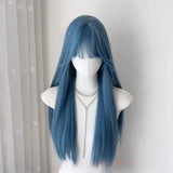 Daiiibabyyy  Blue wig With bangs Synthetic Wigs With Bangs Long Straight Cosplay Wig Natural Hair Heat Resistant For Women party Daily Use