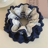 Daiiibabyyy  1PC Large Navy Blue Plaid Hair Scrunchie With Lace Trim, Chic Ruffled Hair Tie, Stylish Hair Accessory For Women
