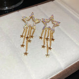 Daiiibabyyy  Gold Electroplated Colored Inlaid Rhinestone Star Tassel Earrings for Women Fashion Atmosphere Drop Earring Trendy Jewelry