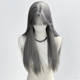 Daiiibabyyy  New Silver Gray Long Straight Hair Chemical Fiber Synthetic Wig Neat Bangs Matte Long Straight Hair Wig Women's Universal Wig