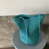 Daiiibabyyy  New Large Capacity Handwoven Bucket Bag Solid Color Boho Metal Line Bucket Bag Straw Design Handmade Crossbody Bag Gifts