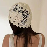 Daiiibabyyy  Japanese Niche Mesh Hollow Flower Pullover Hat Spring and Summer Retro Breathable Hand-woven Fashion Skull Beanie Cap for Women
