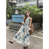 DAIIIBABYYY  -  Ins Long Dresses O-neck Off Shoulder A-line Camis Dress Hot Girls Ink Painting Preppy Skirts Young Lady Korean Fashion Clothes