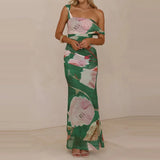 Daiiibabyyy  Pattern printed women's temperament slim fit dress casual vacation elegant off shoulder fashion party long dress