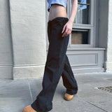 Daiiibabyyy  Women's Streetwear Black Pants Solid Loose Fit Drawstring Waist Trousers Wide Leg Woven Casual Pants Low Waist Cargo Pants