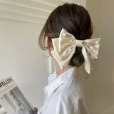 DAIIIBABYYY  -  New Women Girls Sweet Pearl Satin Bowknot Hair Clip Big Ribbon Bow Barrette Solid Color Scarf Hairpin Grip Ponytail Clip