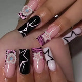 Daiiibabyyy  24Pcs Mid-length Square Press on Nails French Reusable Full Cover Fake Nails Tips 3D Star Love Heart Pearl Design False Nail Art