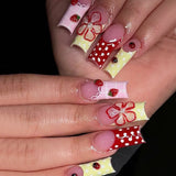Daiiibabyyy  24pcs Long Coffin Sweet Girl Fake Nail Strawberry Wave Point Flower Printed Press On Nail Dopamine Plaid French Style False Nail