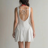 Daiiibabyyy  Summer Woman Dress Sleeveless Backless Dresses Women's Ruched Waist White Mini Dress Tie Back Pleated Skirt A Line Dress