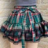 DAIIIBABYYY  -  European Subculture Lolita Lolita Red Green Plaid Lace Cake Tutu Skirt Women‘s Shopping Popular Y2K Versatile Clothing Miniskirt