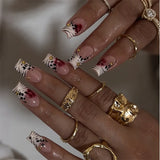 Daiiibabyyy  24PCS Simple Star French Press on False Nails with Glue Retro Leopard Print Patterns Medium Square Wearable Fake Nails for Women