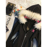 Daiiibabyyy  Subcultural Y2k Letter Print Hooded Skull Sweatshirt Autumn Loose Cardigan Coat Women 2025 Fashion Black Women's Jackets