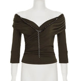 Daiiibabyyy  Beaded Design Low Cut V-neck Pleated One Shoulder Split Half Sleeved Top Sexy Temperament Spicy Girl T-shirt