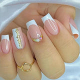 Daiiibabyyy 24Pcs Glitter White French False Nails with Shiny Diamond Rhinestone Short Square Ballet Fake Nail Tips Wearable Press on Nails