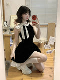Daiiibabyyy  Summer Dress for Women New High-end Designed Niche Chic Temperature French Style Sleeveless Halter Neck Bow Waist Short Dress