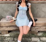 Daiiibabyyy  Hotsweet Blue Plaid Square Collar Mini Dress Women's Clothing Short Sleeve Summer Fashion Lace Spliced Drawstring A-Line Dresses