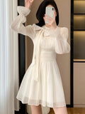 DAIIIBABYYY  -  Elegant Long Sleeve Evening Dresses for Women Solid Bow Lace-up A-Line Party Prom Mini Dress Autumn French Female Chiffon Outfit