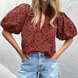 DAIIIBABYYY  -  Half Lantern Sleeve Fashion Tops, Women Summer Loungewear Solid Hollow Out Blouses, Ruffled Elegant Ladies Pullover Shirts
