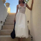 Daiiibabyyy  Women's U Neck Mesh Knitted Patchwork Beach Dress Simple Solid Sleeveless Hollow Out Long Dress High Street Pleated Loose Dress