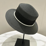 DAIIIBABYYY  -  Summer Elegant Pearl Chain Flat Sun Hats for Women Chapeau Feminino Straw Hat Panama Wide Brim Anti-UV Beach Cap Girl Topee