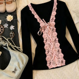 Daiiibabyyy  Y2K American Retro Millennial Flirty Vintage Long Sleeve T-Shirt Lace Fit Flare Slimming Pink Lace Women Top Fall