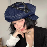 DAIIIBABYYY  -  Spring and Summer New Sweet Cool Babes Denim Flat Top Painter Hats for Women Retro Punk Style Niche Rivet Design Berets Cap Y2k