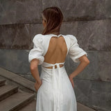 Daiiibabyyy  Elegant Backless Dress White Fashion Hollow Bow Lace-up High Waist V-Neck Dress Luxury Fashion Women Party Evening Dress