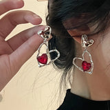 Daiiibabyyy 2024 New Korean Trendy Red Crystal Stone Dangle Earrings Simple Vintage Gothic Pearl Heart Pendant Earring Ear Drop Jewelry Gift