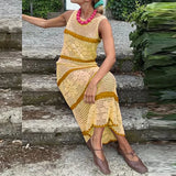 DAIIIBABYYY  -  Vestidos Sexy Crochet Hook Knitted Dress Woman O-Neck Striped Print Hollow Long Dress 2025 Summer Sleeveless Holiday Beach Dress