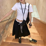 Daiiibabyyy  Preppy Style Pleated Skirt Women Vintage Korean Style Black Mid Length Skirt Harajuku Fashion Patchwork Classic Skirts