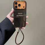 Daiiibabyyy  Vortex pattern IND deep brown minimalist English phone case with hanging rope for iPhone 11 12 13 14 15 16 17 Pro Max
