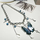 Daiiibabyyy  Purple resin butterfly four-star tassel pendant clavicle chain