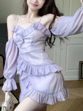 DAIIIBABYYY  -  Purple Off Shoulder Kawaii Dress for Women Summer Slim Ruffle Patchwork Sweet Party Female Korean Sexy Fairy Mini Dresses