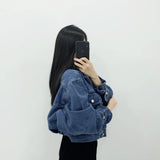 Daiiibabyyy  Women Cropped Denim Jacket Loose Oversized Balloon Sleeve Lapel Jean Coat Casual Daily Outerwear