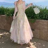 DAIIIBABYYY  -  Elegant Butterfly Print Mesh Spliced Ruffle Sleeveless Chic Straps Slim Slip Dresses French Women High Street Summer Clothing