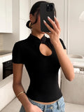 Daiiibabyyy  Black Cheongsam Collar Cutout Top Women Sexy Short Sleeve Slim Fit Shirt Spring Casual Chic Streetwear Form-fitting Tee
