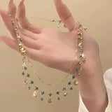 DAIIIBABYYY  -  2024 Fashion Blue Zircon Double Layered Shell Pendant Necklace for Women Exquisite Crystal Tassel Necklace Wedding Jewelry Gifts