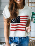 Daiiibabyyy  European Style Star Stripe Flag Pattern Knit T Shirt Women Loose Round Neck Cap Sleeve Short Sleeve Fashion Casual Tops