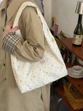Daiiibabyyy  Women's Tote Bags Korean Floral Sweet Fashionable Versatile Canvas Bags New Large Capacity Commuting Shoulder Bags For Girl