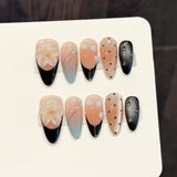 Daiiibabyyy  10pcs Handmade Press On Nails Pink Black French Fake Nails With 3D Floral Decor Wearable Almond Gradient Y2k False Nails Designs
