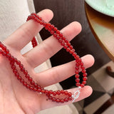 Daiiibabyyy  Handmade Red Color Agate Natural Stone Twist Rope Chain Double Layers Beaded Necklace for Women Silver Toggle Clasp Choker