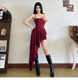 DAIIIBABYYY  -  Sweet Spicy Girl Red Sequins Sling Dress Female Slim High Waist Irregular Sparkling Strap Short Dresses Summer New Style