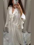 Daiiibabyyy  Elegant White Loose Guaze Long Dresses Woman Casual V Neck Flare Full Sleeve Long Robes New Female High Street Office Dress TP2P