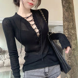 DAIIIBABYYY  -  Sexy V-neck Lacing Long Sleeve Knitting Women Spring Autumn Slim Perspective Solid Color Top Tee Femme Simplicity Pullovers Tops