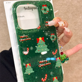 Daiiibabyyy  Green background snowflake Christmas tree phone case with Christmas tree pendant for iPhone 11 12 13 14 15 16 17 Pro Max